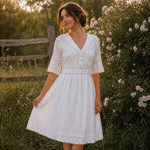 Simple Retro Fiona White Cotton Midi Dress XS Lace Embroidered Prairie Cottage